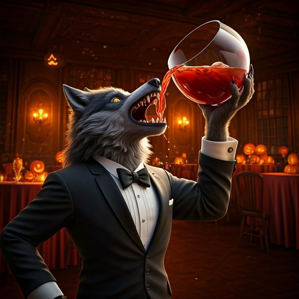 Werewolf at Halloween Dance Drinks Punch