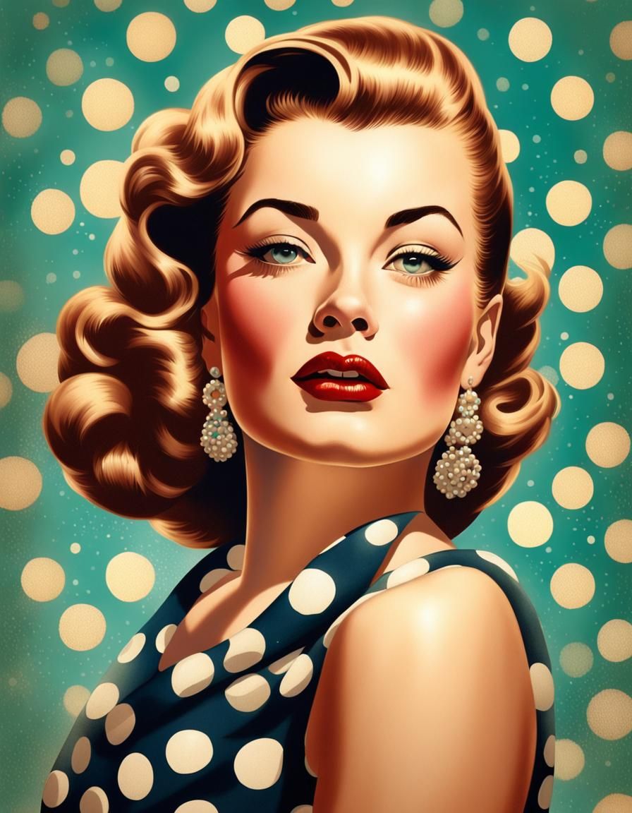 1950s Rockabilly Girl in Polka Dots, Hyperrealistic Portrait