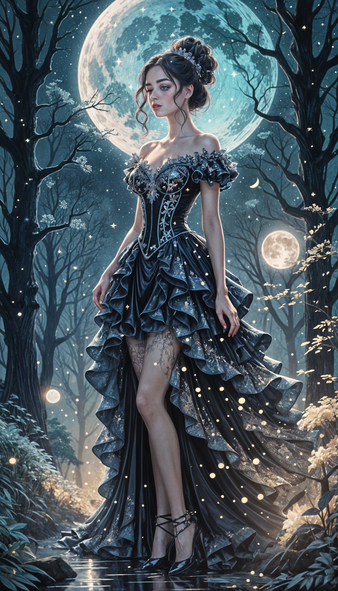 Glamorous Nighttime Princess in Sparkling Double Exposure Ar...