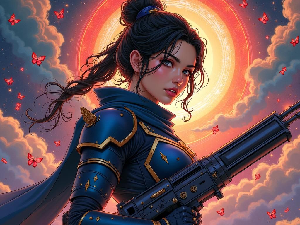 Samurai Girl in Space Armor with Mandala Background