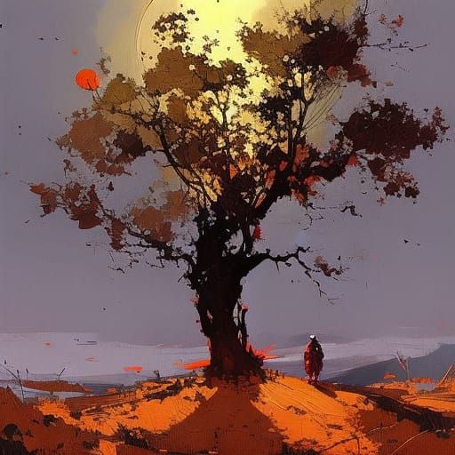 Surreal Tree in Split Moon Landscape