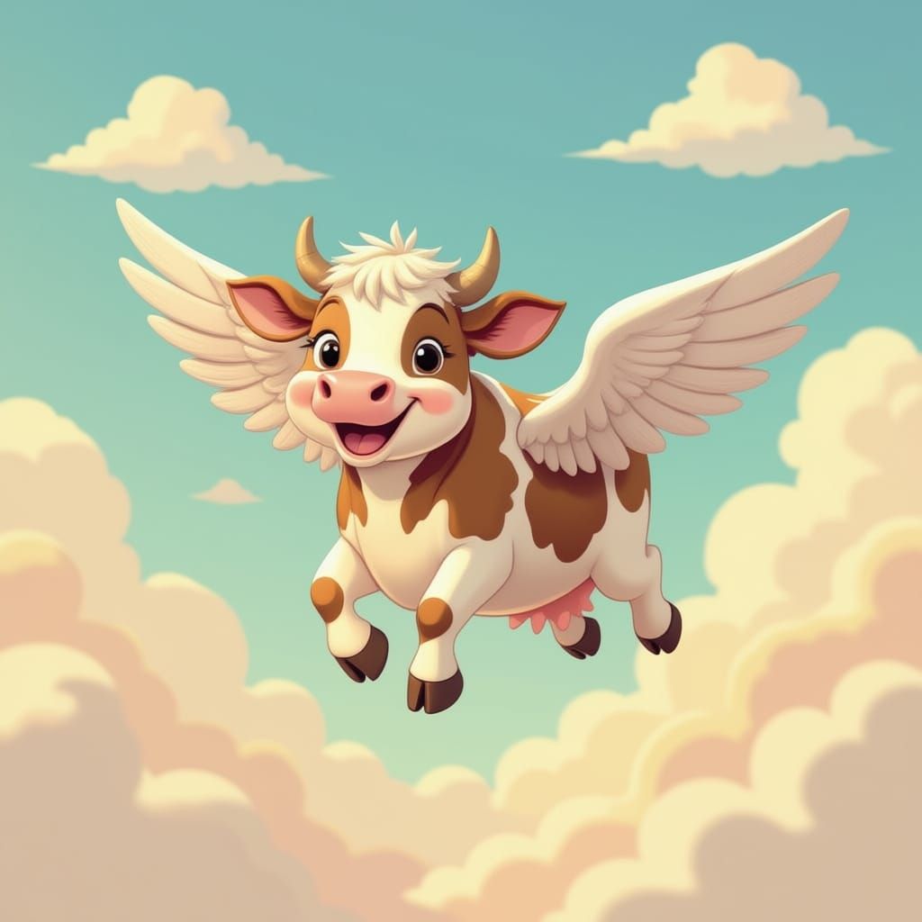 Happy Cow Soars Through Sky in Whimsical Flight