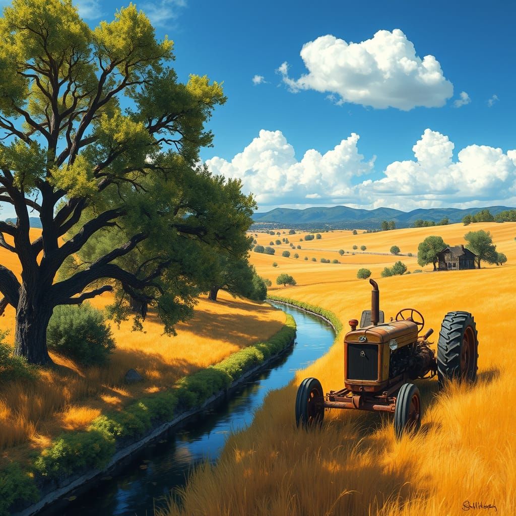 Idyllic Golden Hills of Central California in Gouache Style