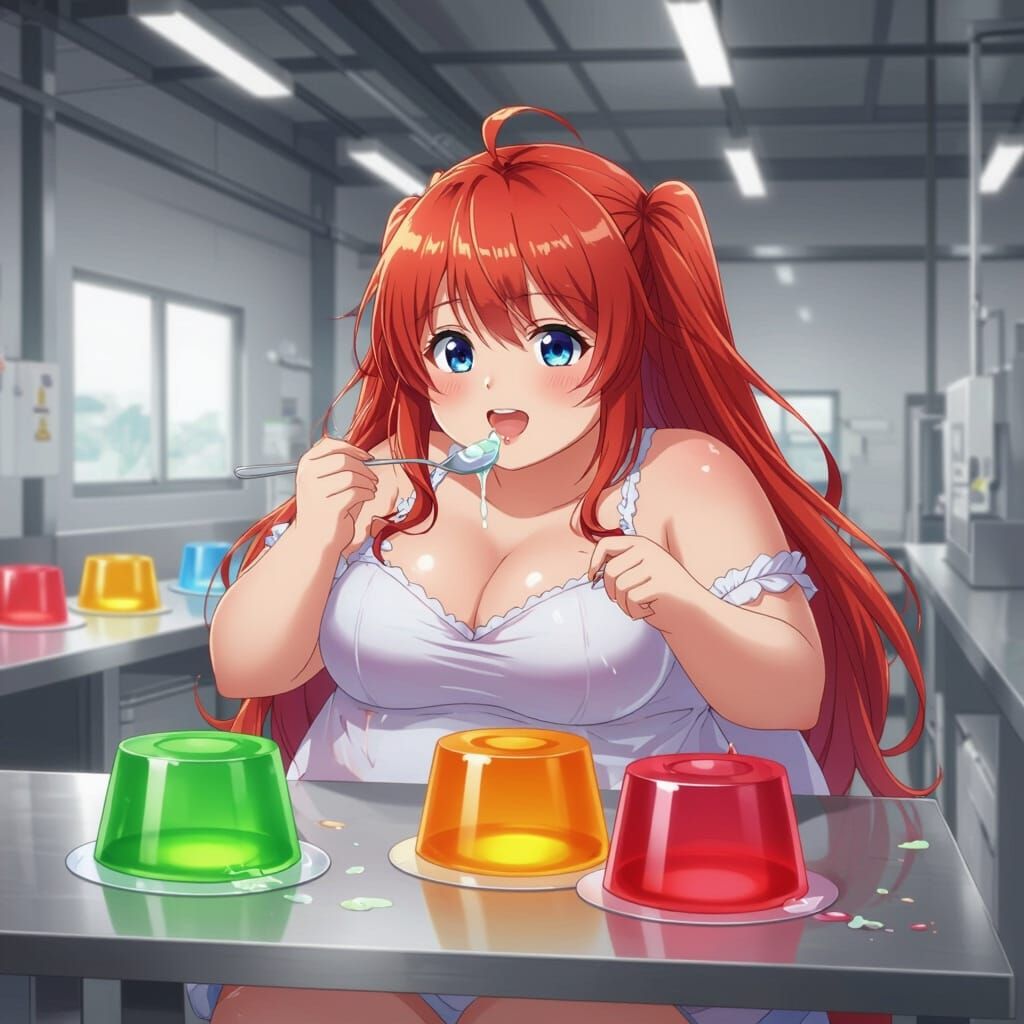 Anime Girl Enjoys Jell-O in Factory