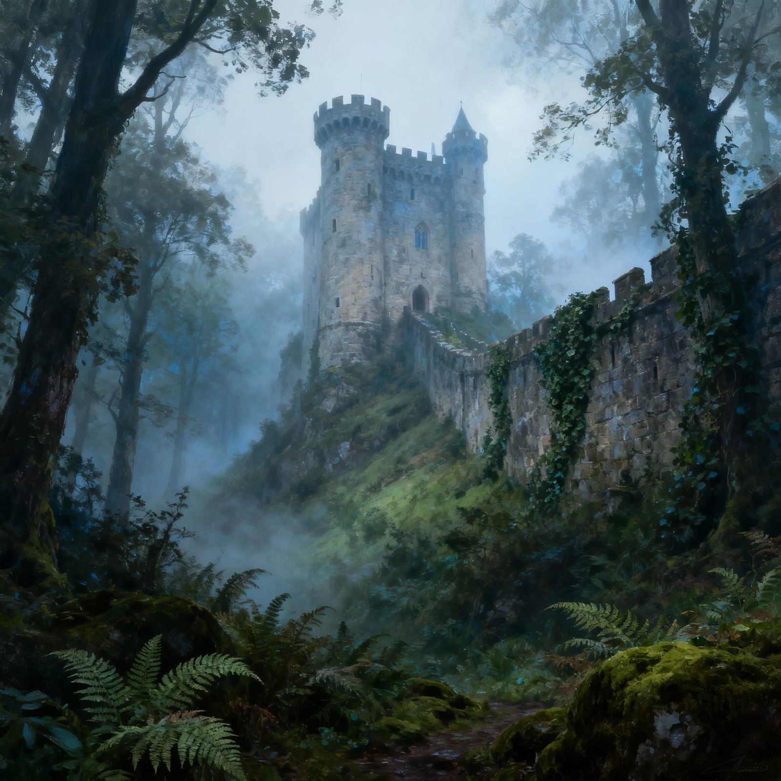 Misty Forest Castle on a Lush Hilltop