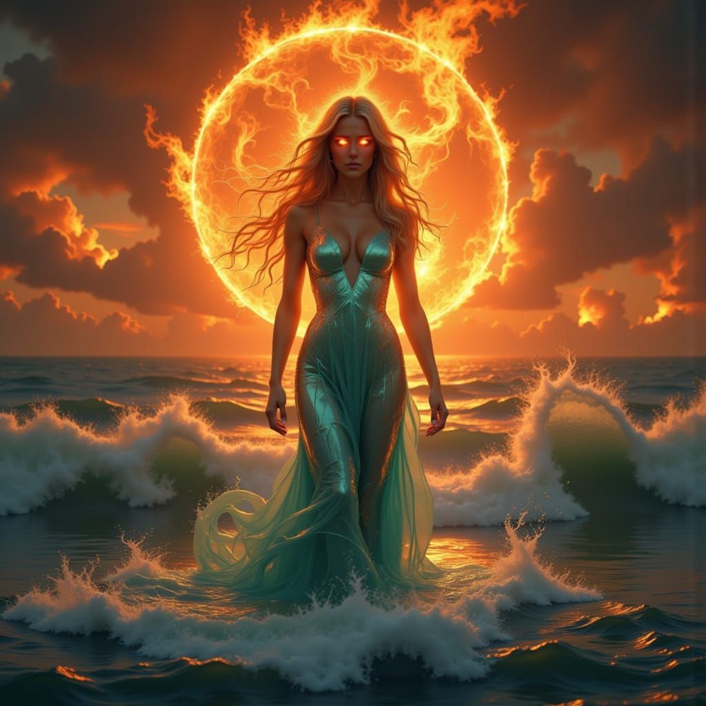 Sleek Crystal Goddess Emerges from Turbulent Ocean in Fiery ...