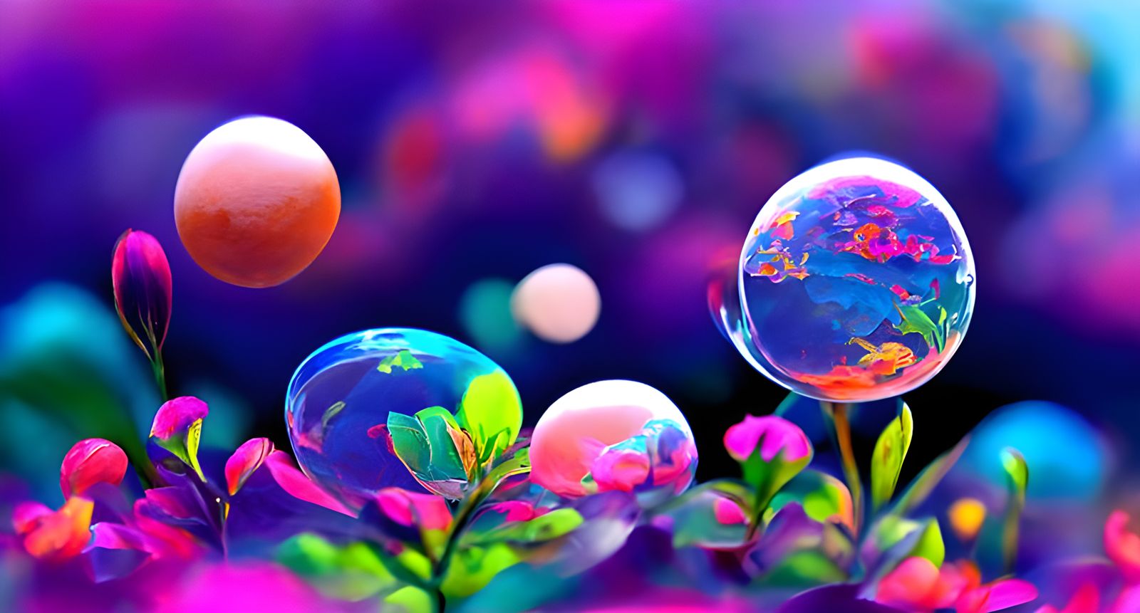 Floating Transparent Soap Bubbles in Photorealistic Style