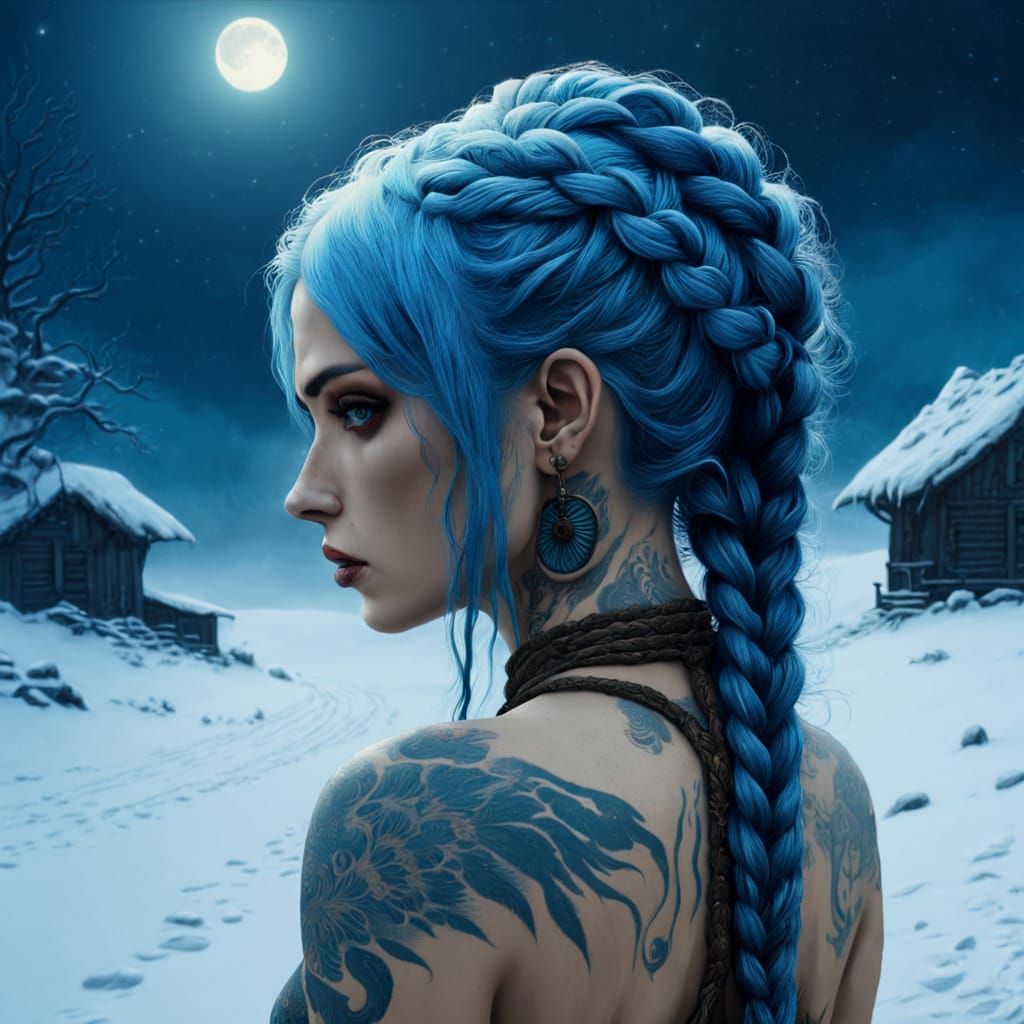 Surreal Snowscape with Blue-Haired Girl in Moonlight