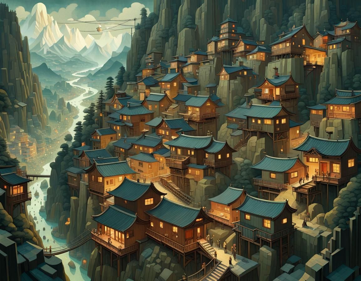 Edo Mountain Village Cityscape in Geometric Style
