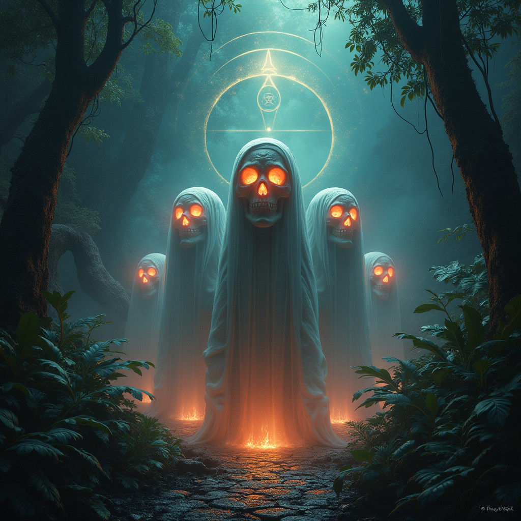 Ethereal Spirits Materialize on Voodoo Background