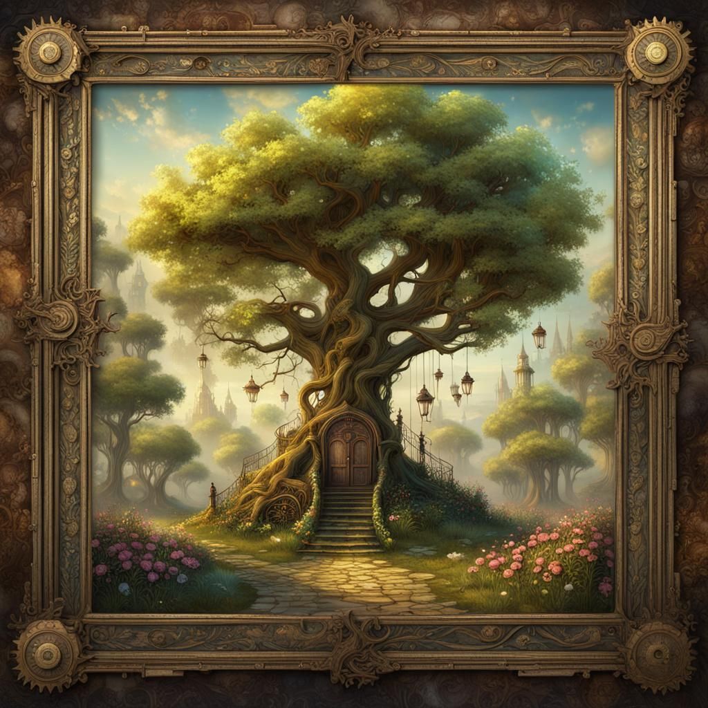 Steampunk Glade on Parchment in Rococo Frame