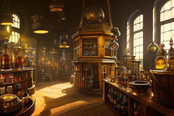 Steampunk Alchemist Potion Shop Interior in Rococo Style