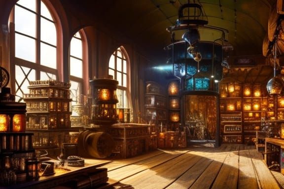 Steampunk Alchemist Shop with Rococo Elements