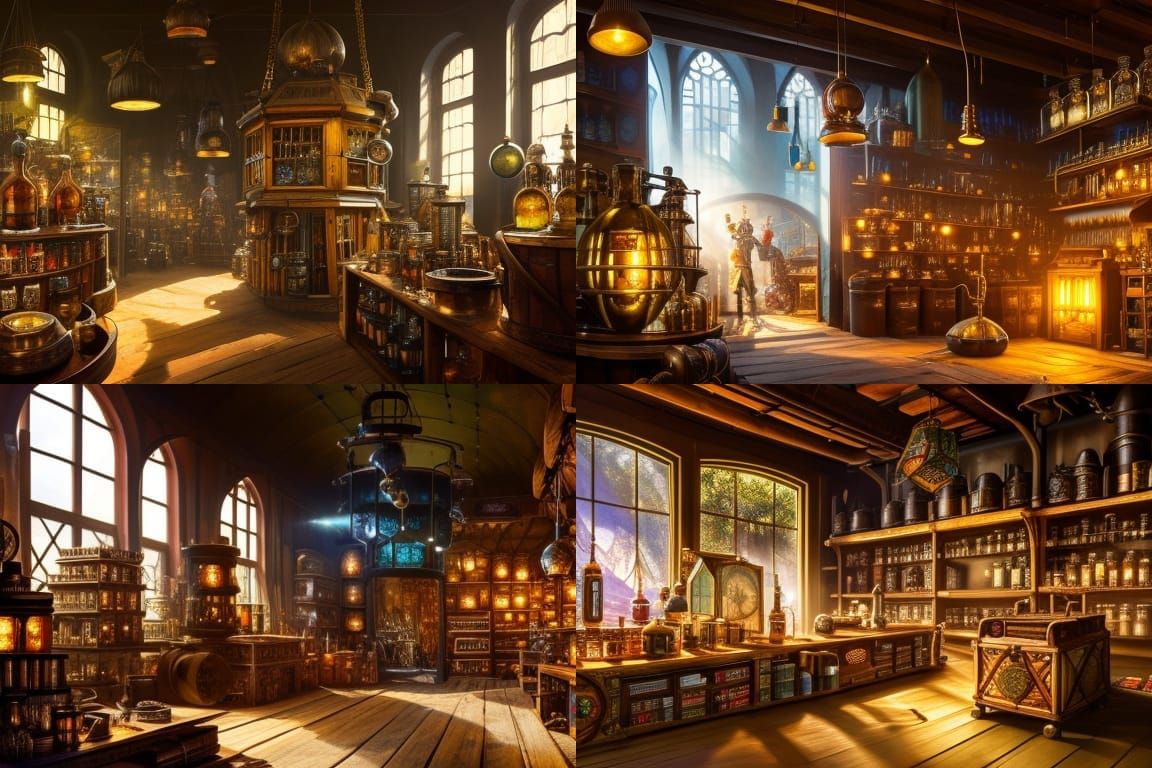 Steampunk Alchemist Potion Shop Interior in Rococo Style