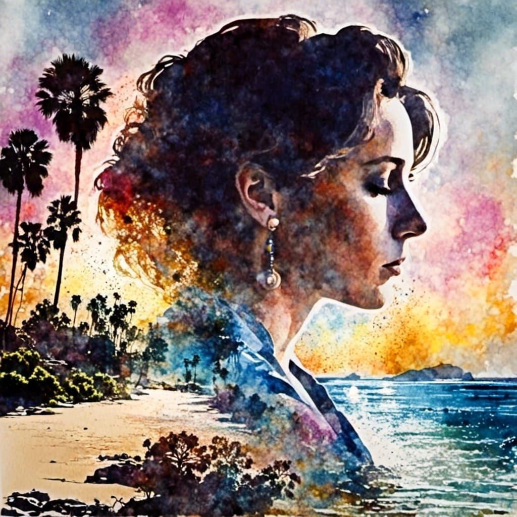 Watercolor Double Exposure Coast