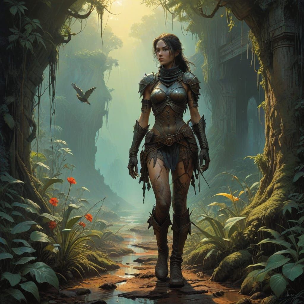 Weary Adventurer Emerges into Lush Jungle