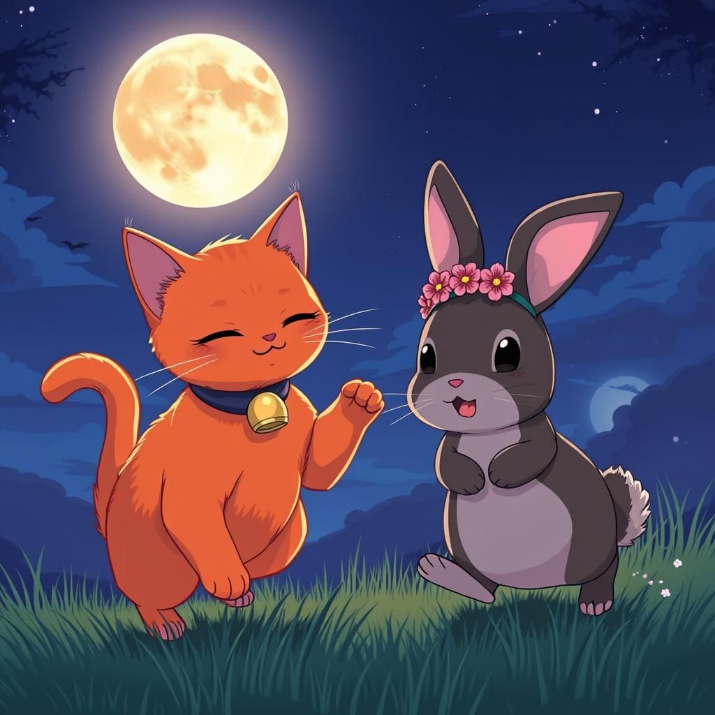 Cats and Rabbits Playing Under the Moon in Manga Style