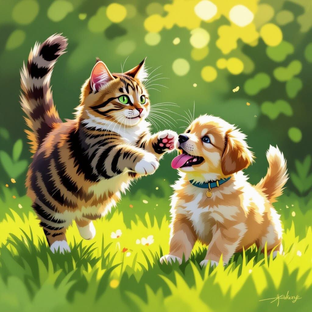 Tabby Cat Leaps at Golden Retriever Puppy in Digital Paintin...