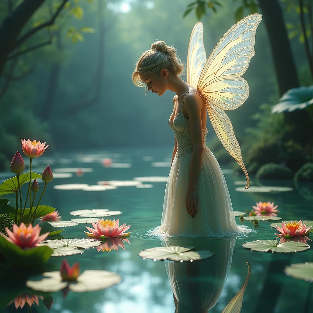 Luminous Fairy Gazing at Pond Reflection