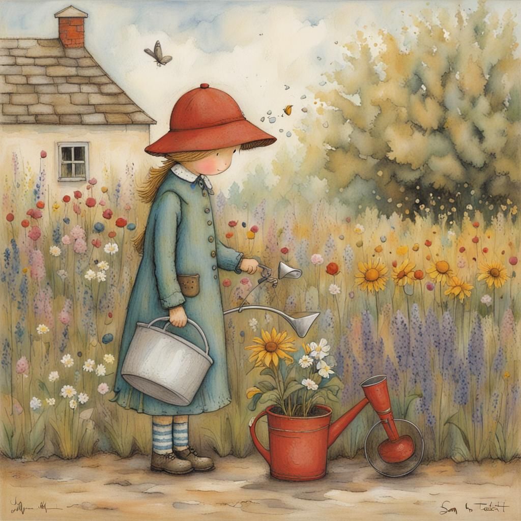 Charming Girl Waters Flowers in Whimsical Illustration