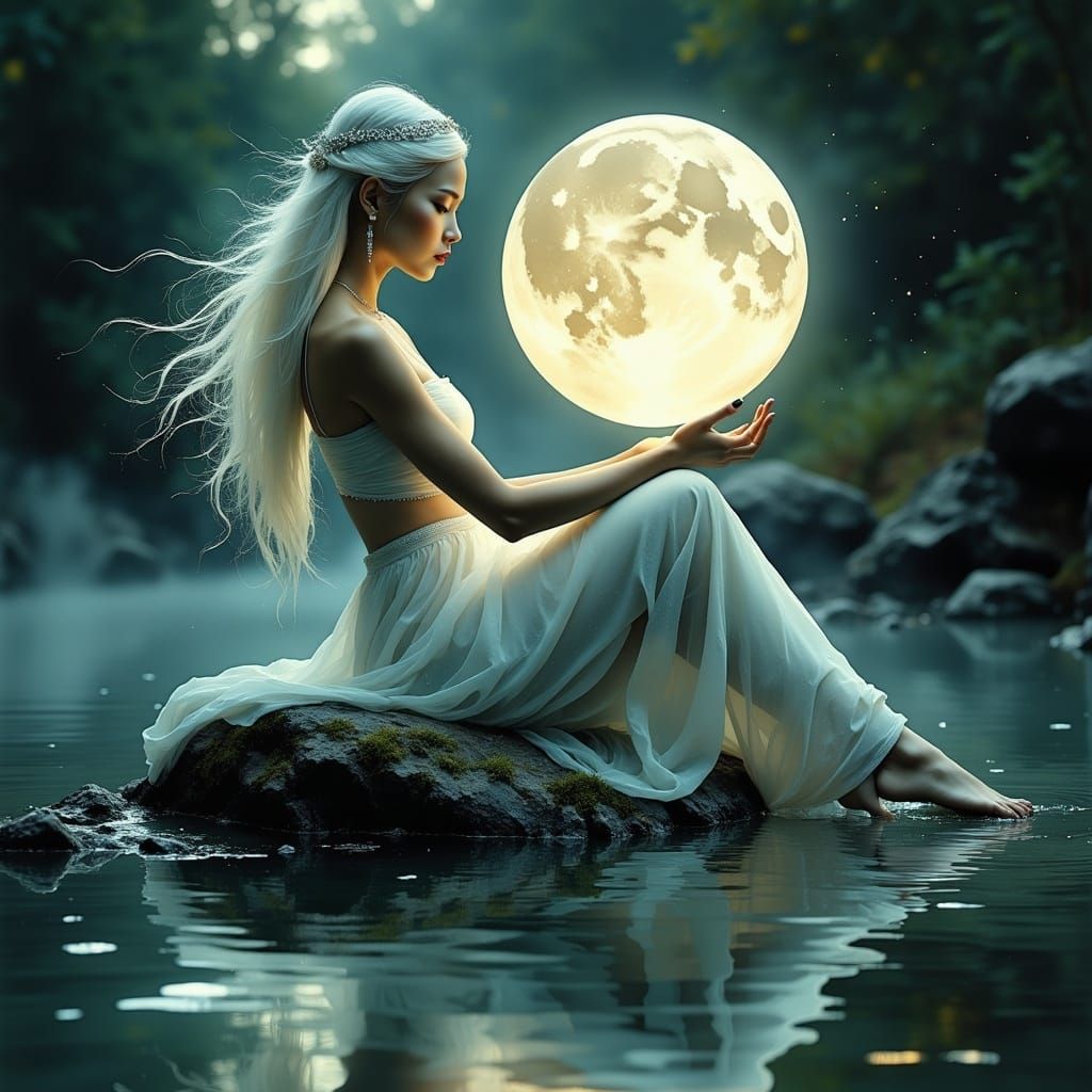 Moon Priestess by Pond in Water-Ink Style
