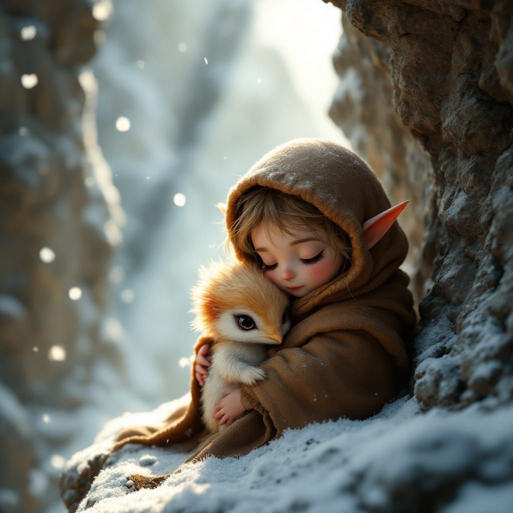 Chibi Elf-Girl and Baby Griffin Seek Warmth Under Cliff Ledg...