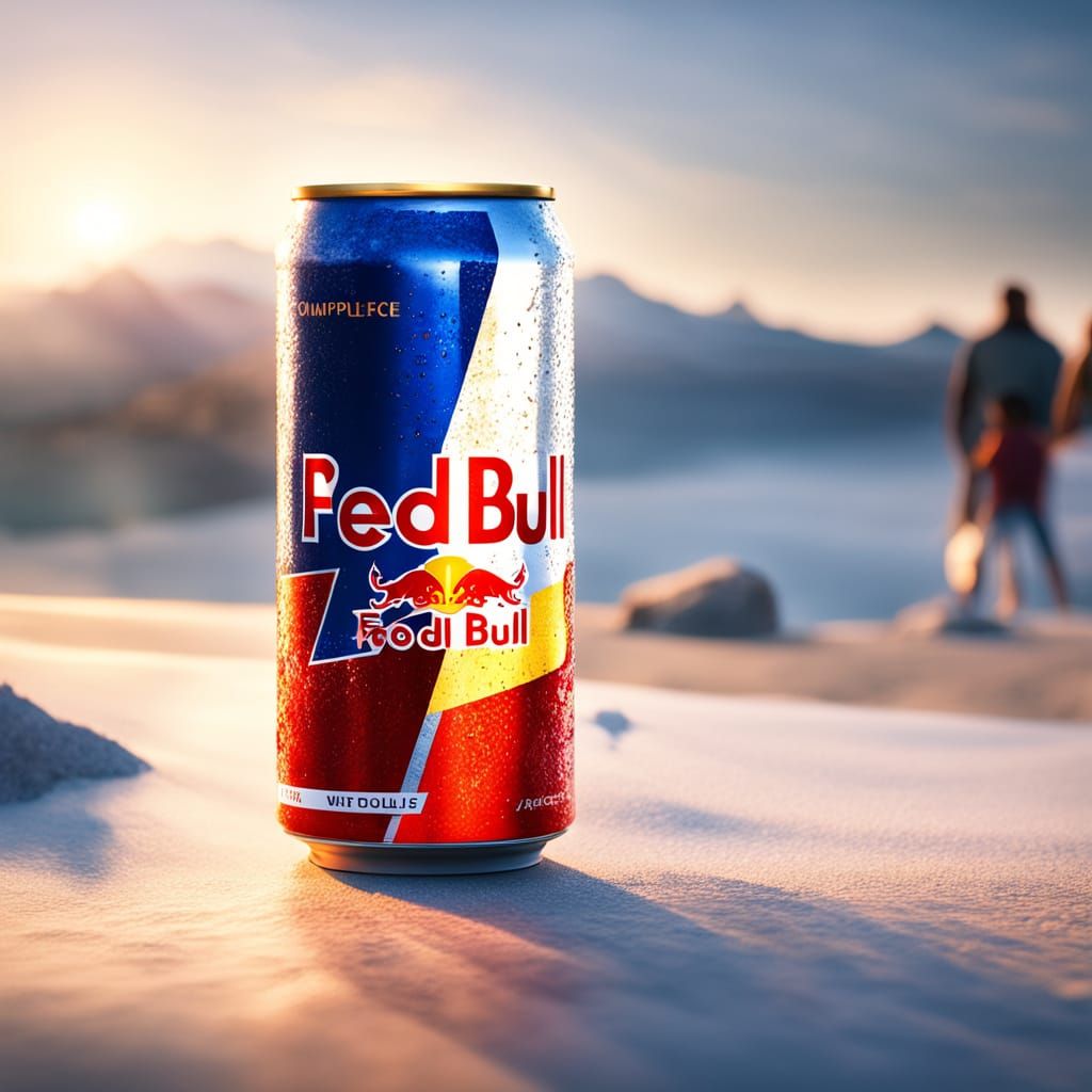 Red Bull Can with Feliz Cumpleaños Logo on Granite Slab
