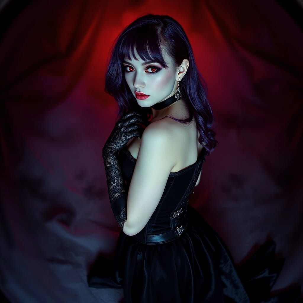 Gothic Lady in Purple Hair with Red Glowing Eyes