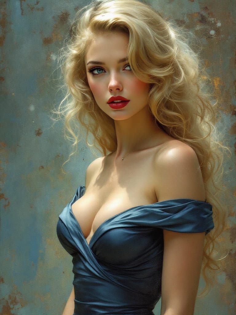 Blond Pin Up Goddess in Blue Dress