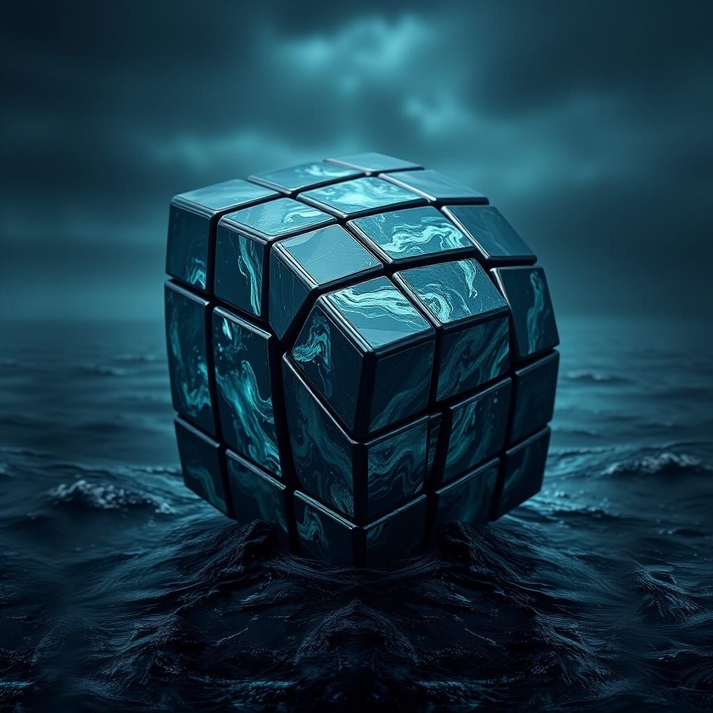 Hyper-Realistic Oceanic Rubik's Cube in Moody Depths
