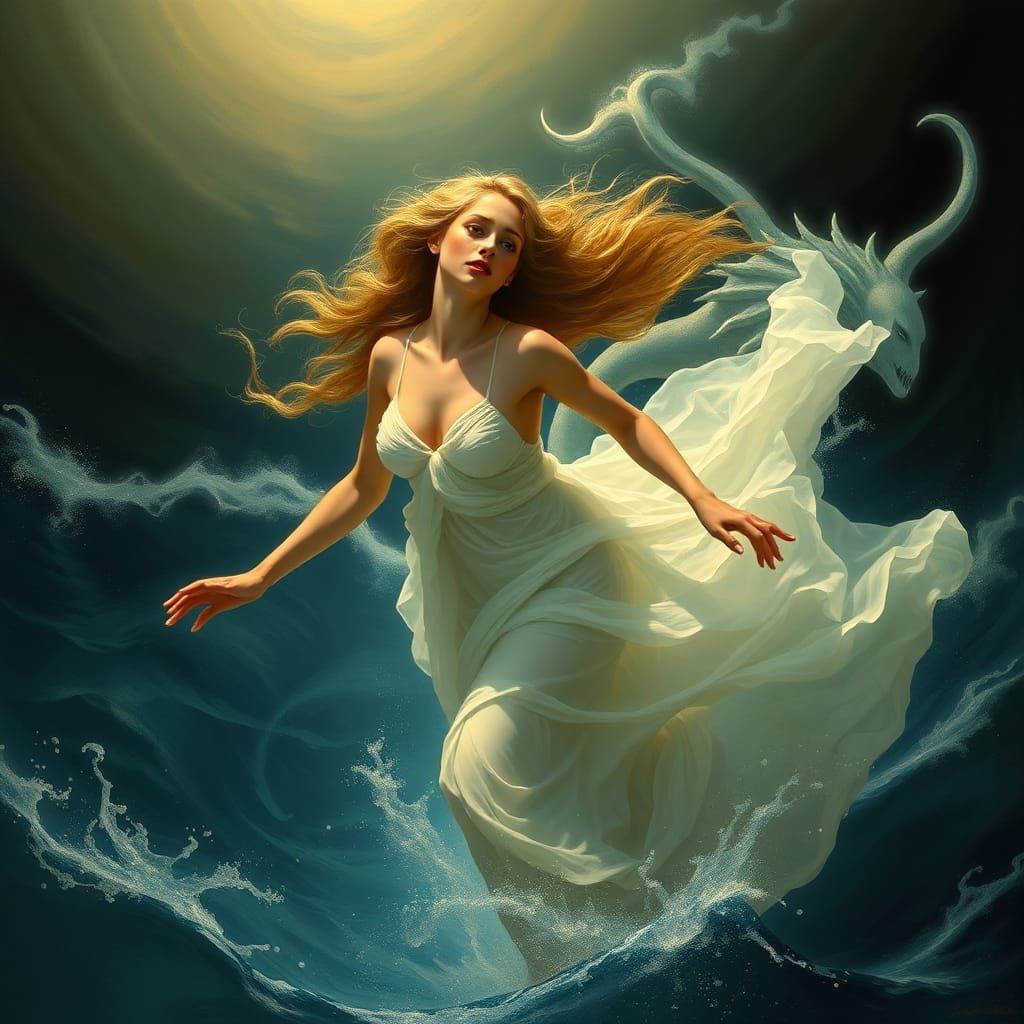 Elegant Woman Escaping Poseidon in Pre-Raphaelite Style