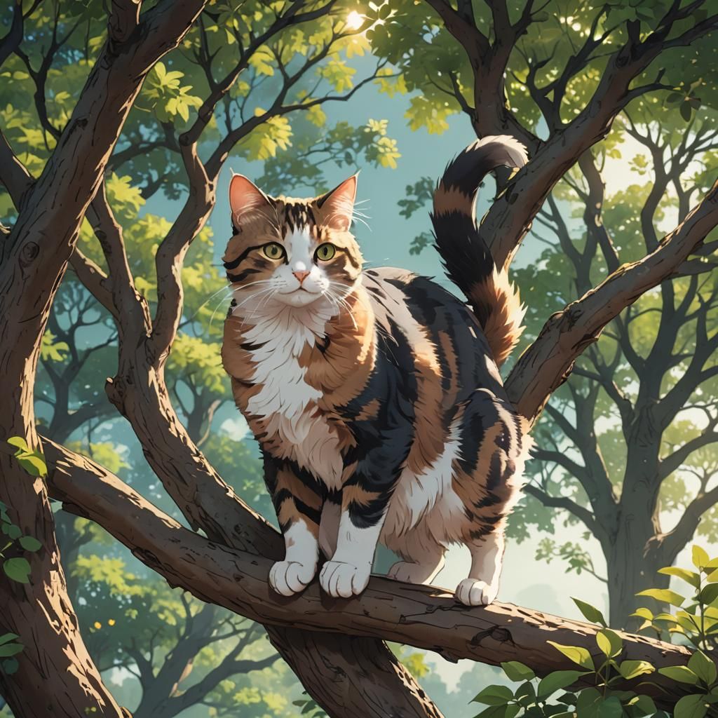 Anime Cat in Tree Cel-Shaded Style