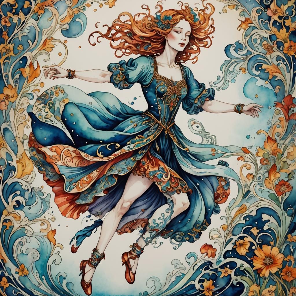 Majestic Dancing Figure in Nouveau Vague Watercolor