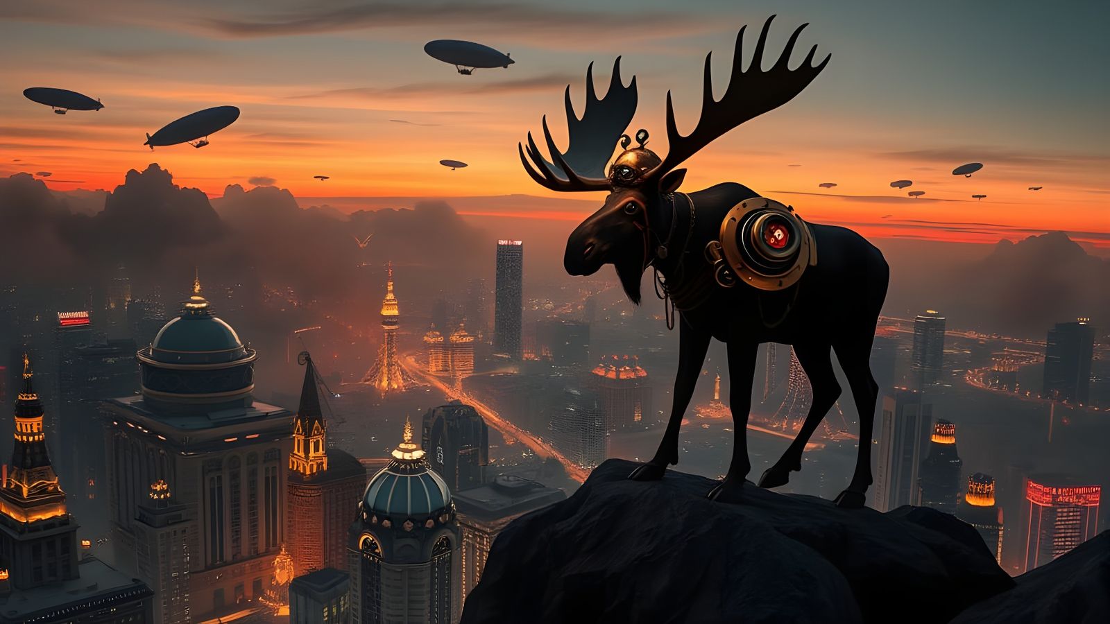 Moose with Gears Over Retro-Futuristic City