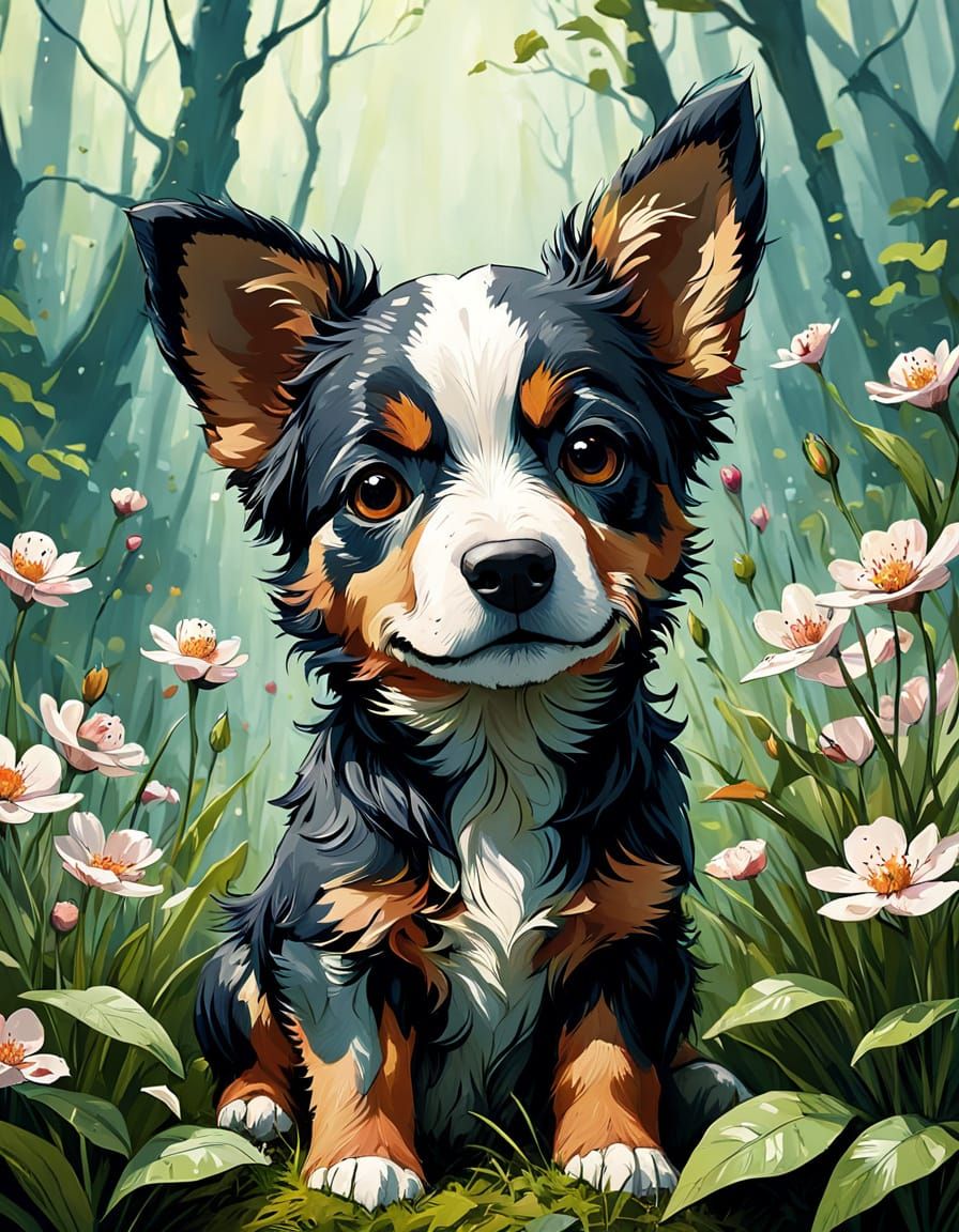 Adorable Salish Wool Dog in Spring, Digital Art