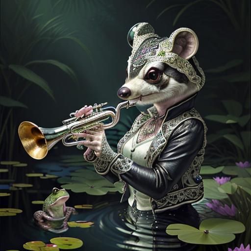 Badger Trumpeter Entertains Frog Audience in Ornate Detail