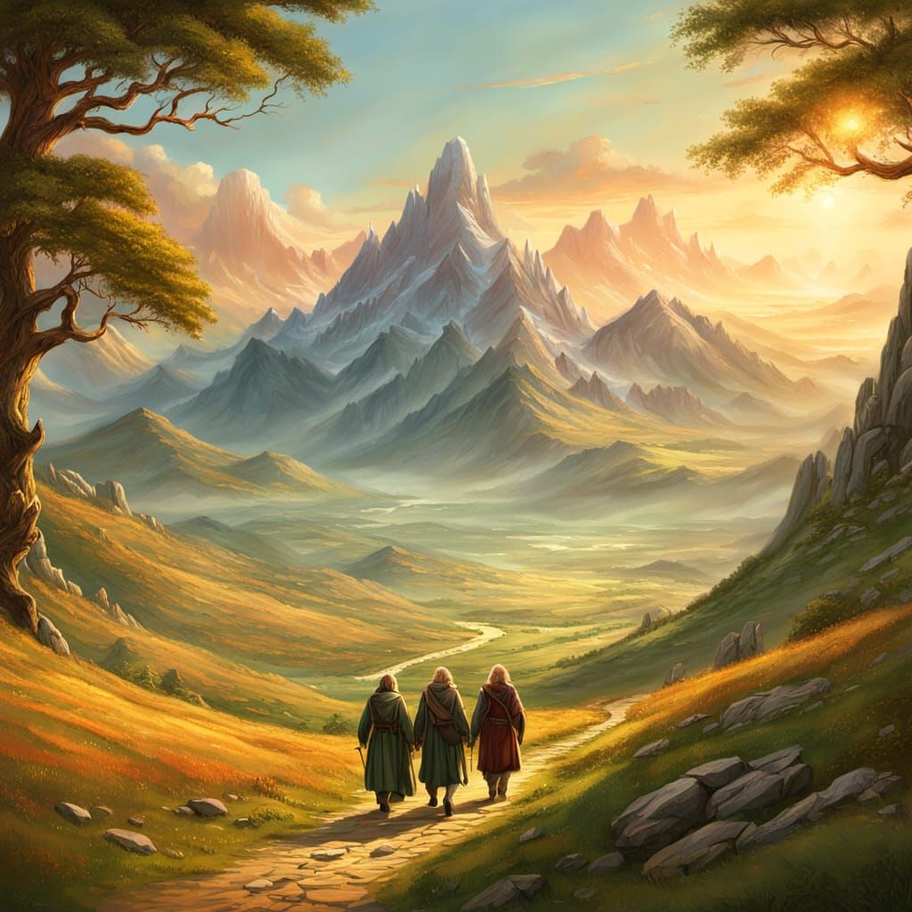 Hobbits Journeying Through a Fantasy Landscape