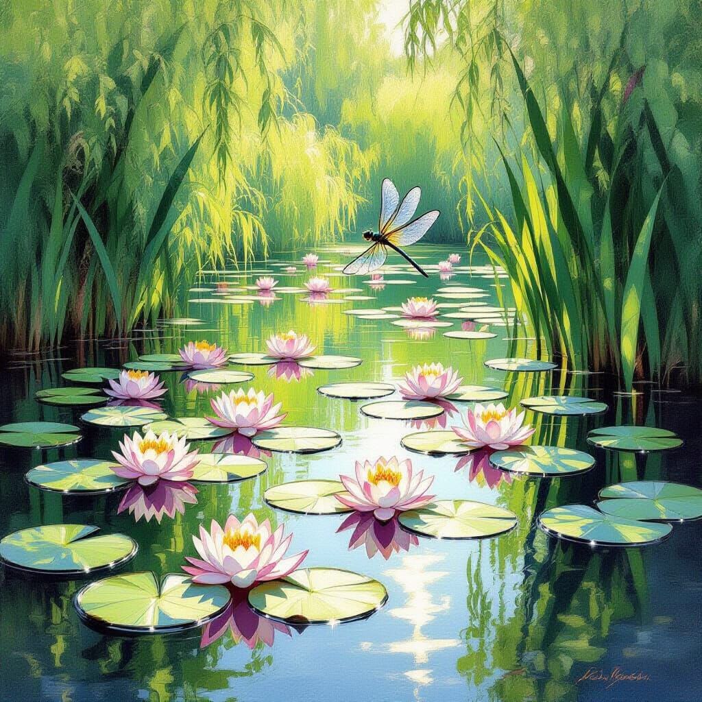 Dreamy Lily Pond With Dragonfly, in Impressionist Style