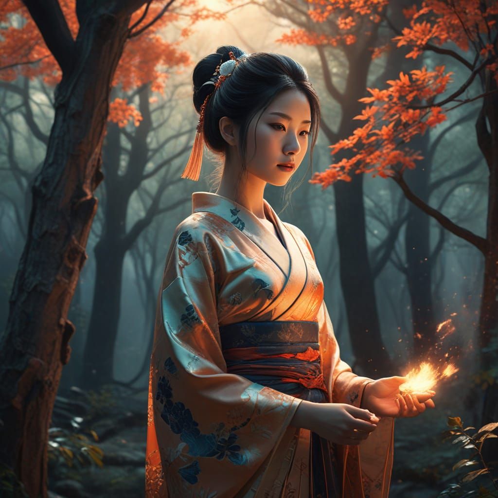 Kitsune Enchantress in Mystical Forest Digital Painting