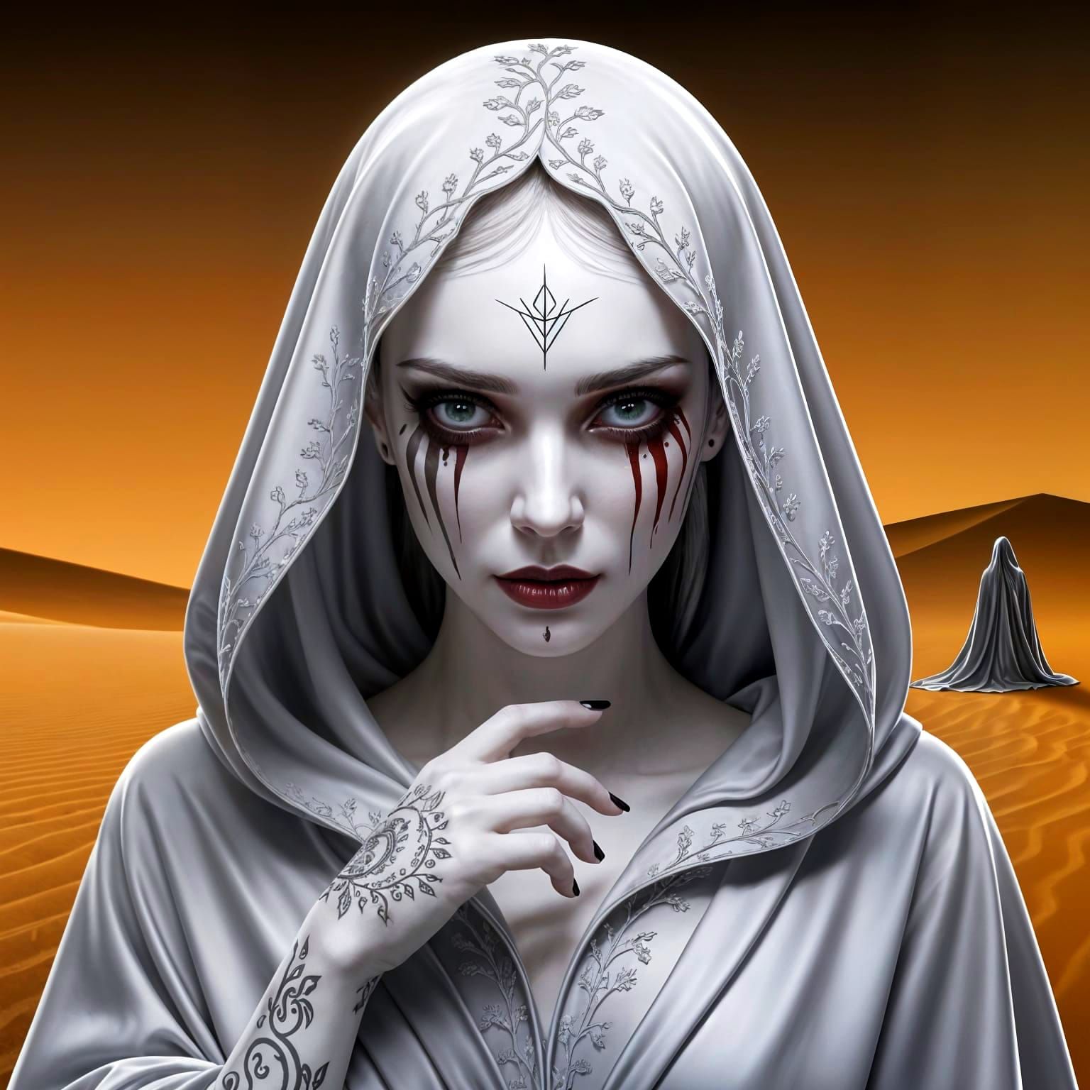 Serene Seer in Amber Desert, Dramatic Lighting