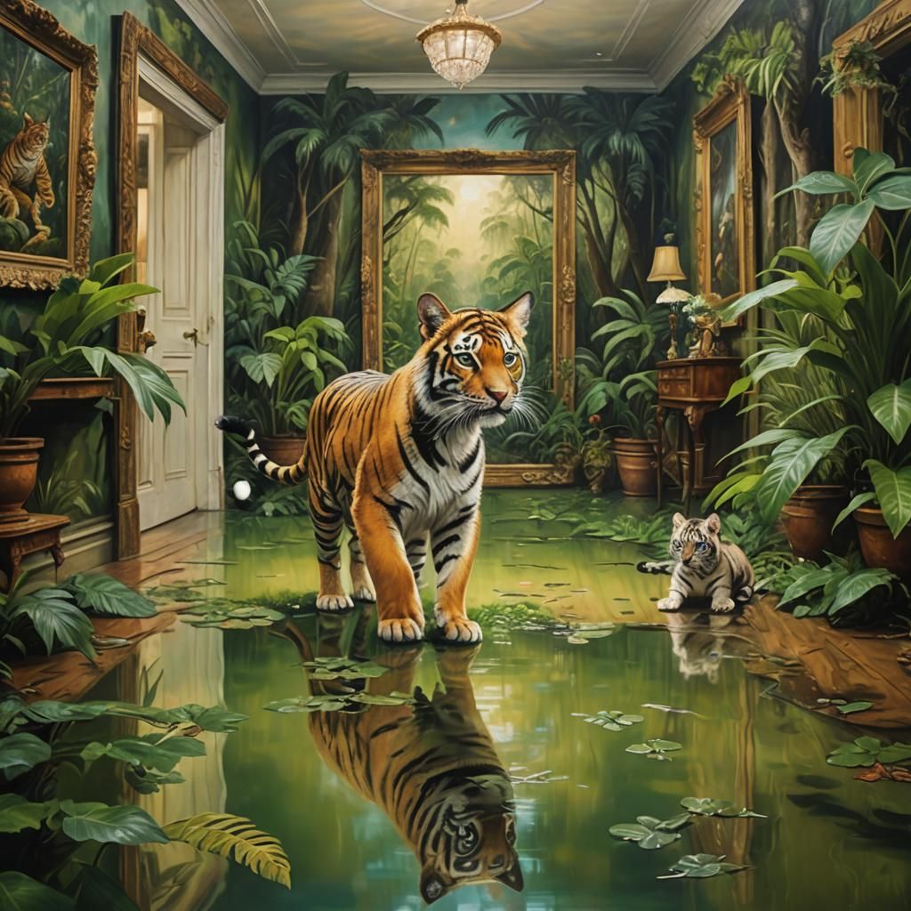 Tigers Leap from Painting to Meet Kitten