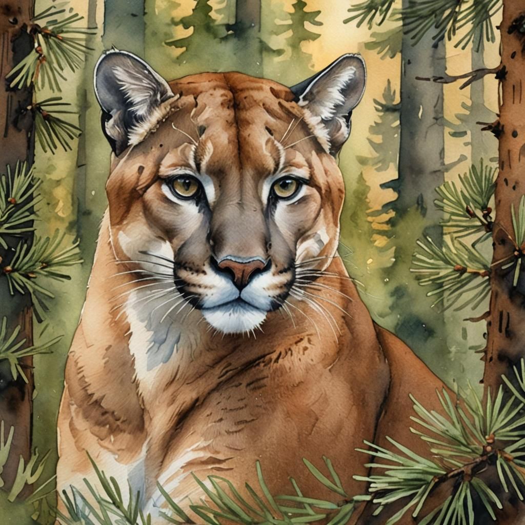 Cougar Portrait in Pine Forest, Watercolor Folk Art
