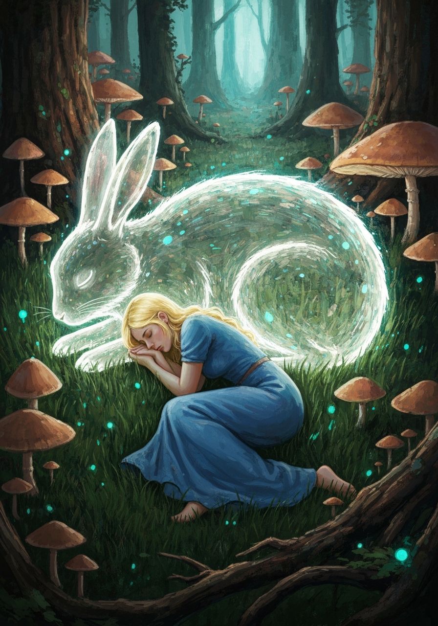 Surreal Double Exposure: Woman and Glowing Rabbit in Forest