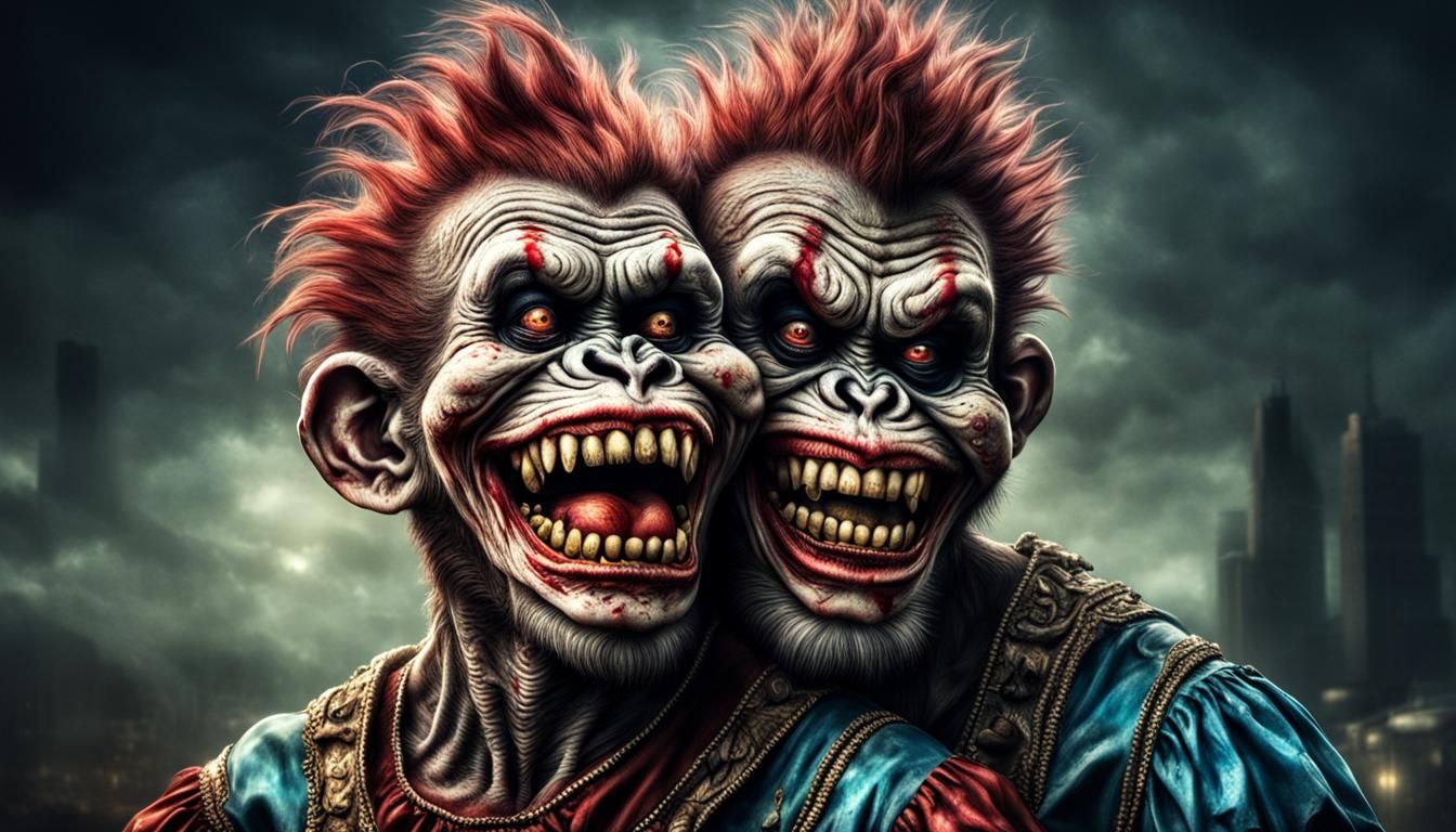 Hyperrealistic Zombie Monkey Clowns Hugging