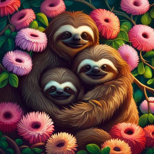 Cute Sloth Family Hugging in Colorful Tree