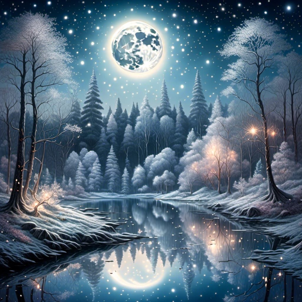 Silver Reflections in Winter Forest Lake