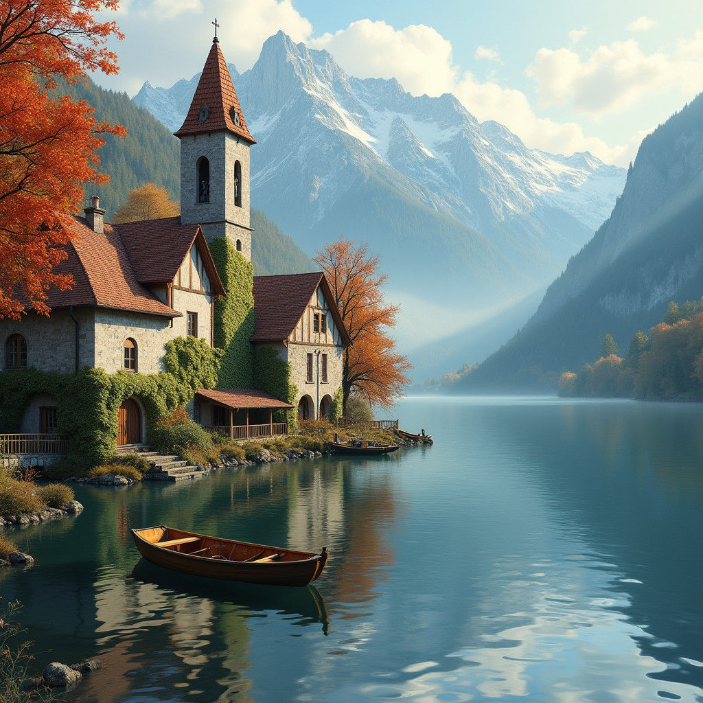 Autumn Lakeside Village with Misty Mountain Backdrop