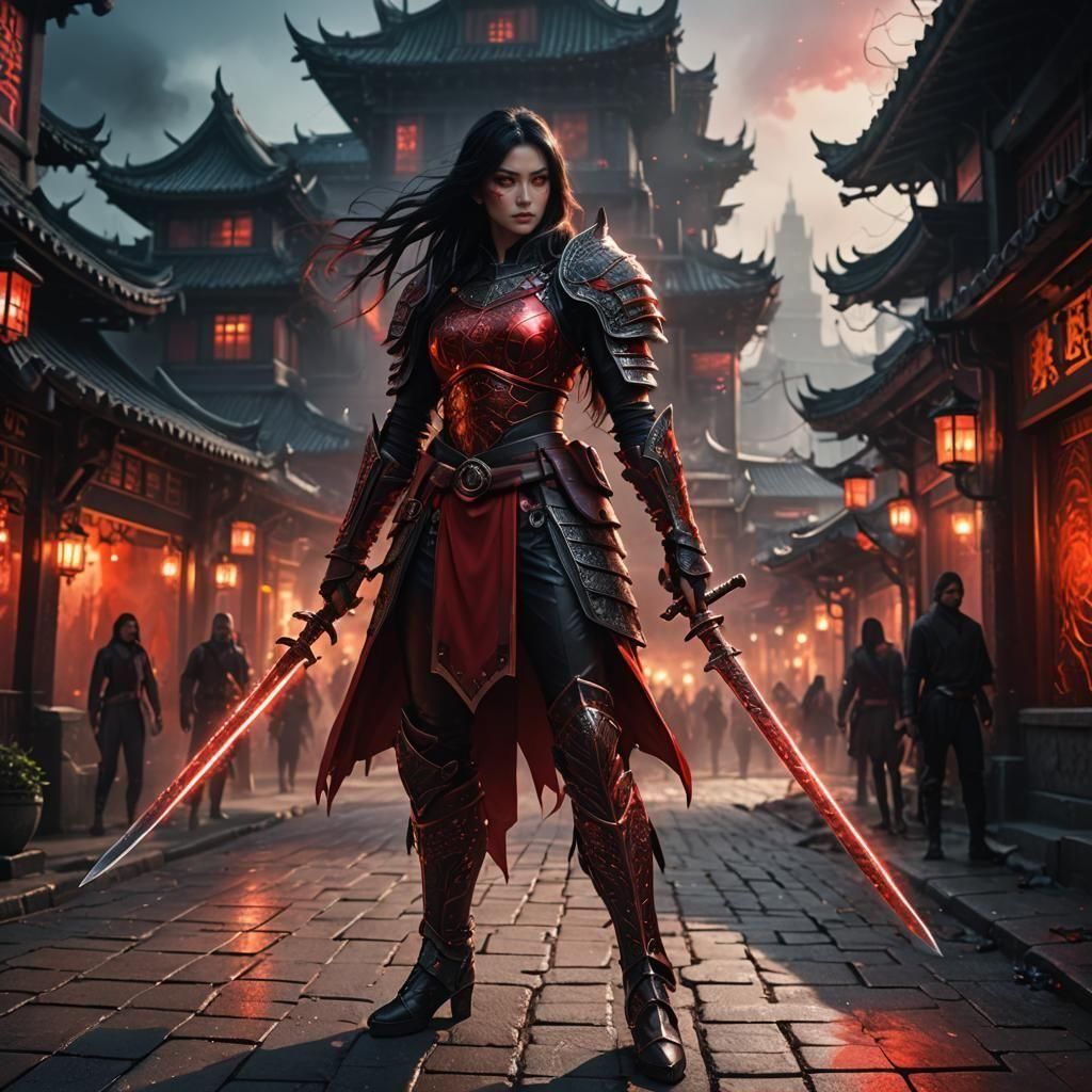 Fantasy Warrior in Red Armor with Glowing Katana