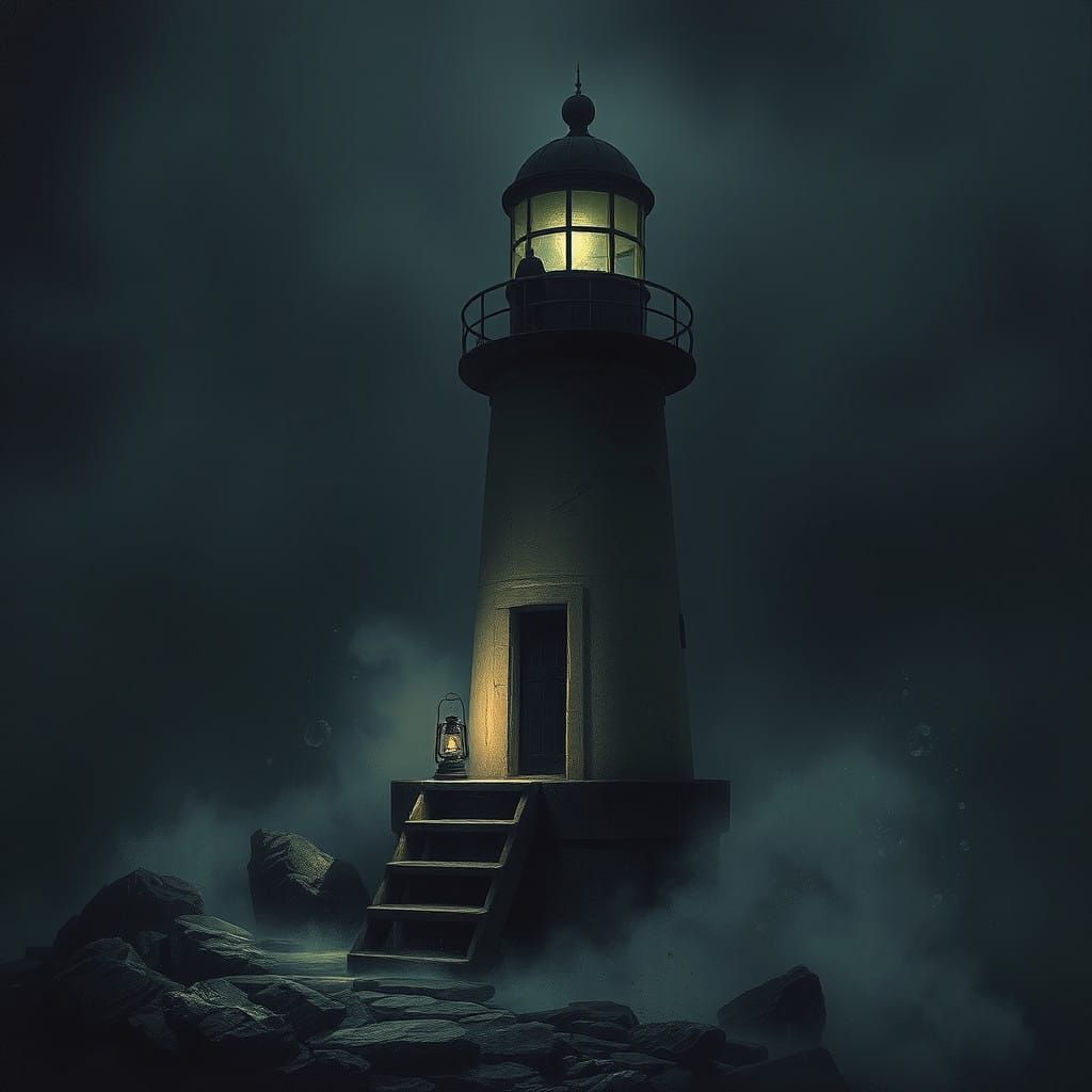 Abandoned Lighthouse in Dark Foggy Night
