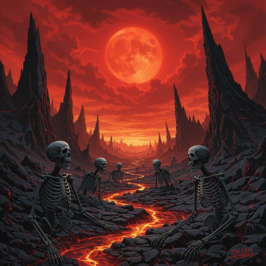 Desolate Hellscape Under Blood-Red Sky with Skeletal Figures